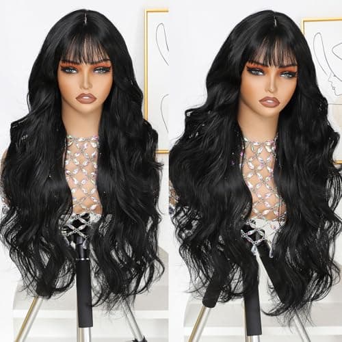 Barbique Black Long Wavy Wig with Bangs, Heat Resistant Synthetic Wig, Beginner Friendly, Natural Look, Adjustable Straps, Glueless Ready to Wear for Daily Party Cosplay Use - Image 1