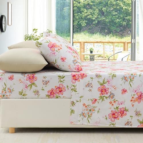 Twin Size Bed Sheets Set Deep Pockets - 6PC Floral Ultra Soft Microfiber Bed Sheets - Easy to Clean, 90 Thread Count Sheets Includes 1 Fitted, 1 Flat, 2 Pillowcases (Pink/Green Floral) - Thumbnail 5