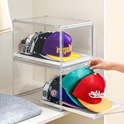 Hat Organizer for Baseball Caps, Clear Stackable Hat Storage Box with Magnetic Door & Sliding Drawer, Large Capacity, Dustproof Display Case for Closet, Easy Access, Space-Saving Design - 2 Pack