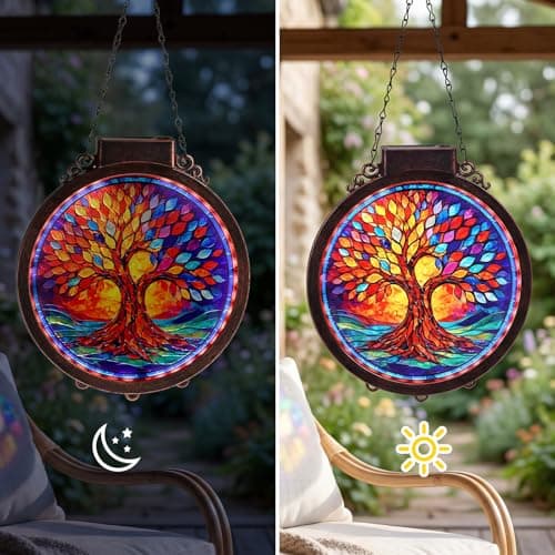 Hoikwo 8.6" Suncatcher Tree of Life, Solar Powered Sun Catcher Stained Acrylic Plastic Lightweight Window Decor, for Porch Courtyard Garden Mother's Day Birthday Gift for Mom Her Housewarming - Thumbnail 5