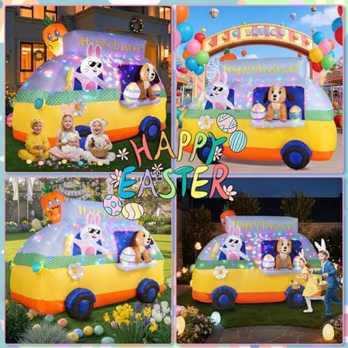 GIFTFIND 7.3FT Long Easter Inflatables Outdoor Decorations - Bunny and Dog Riding Bus, Build-in LED Lights Holiday Blow Up Yard Decoration, for Patio Garden Lawn Party Celebration Decor - Thumbnail 2