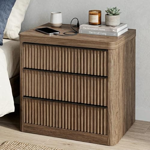 FUSUNBAO Fluted Night Stand with Charging Station,3 Drawers Large End Table with Storage,Natural Nightstand Wood Bedside Tables,Farmhouse Cabinet Dresser for Bedroom,Sofa Table (1, Grey Alder) - Image 1