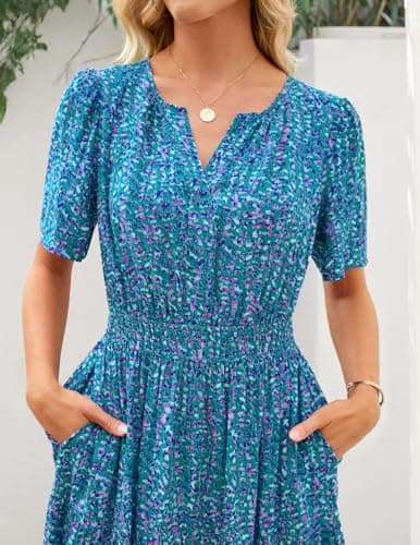 MEROKEETY Women's Spring Summer Floral Maxi Dresses 2026 Casual Beach Vacation Boho V Neck Short Sleeve Midi Dress Pockets, Bluegreen, Medium - Thumbnail 4