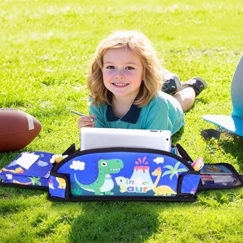 WENRENER Kids Travel Tray for Airplane - Toddler Car Seat Table Tray, Road Trip Essentials for Boys & Girls, Carseat Lap Desk for Kids Road Trip Activities,Blue Dinosaur - Thumbnail 2