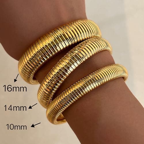 Poaiiu Gold Bracelets for Women 14K Gold Plated Stretch 14mm Snake Chain Bangle Cuff Bracelet Gold Jewelry Gifts for Women - Thumbnail 5