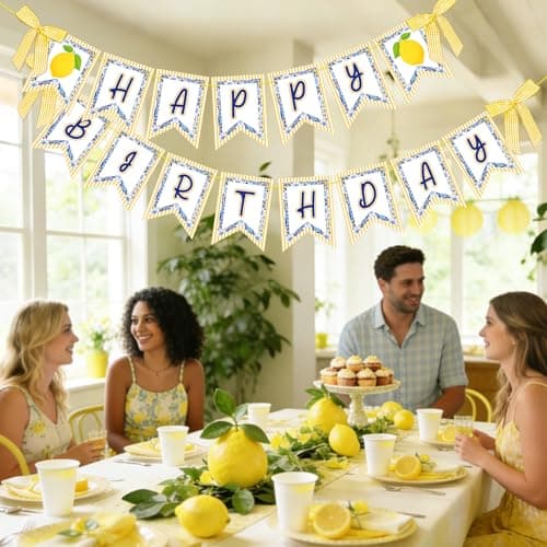 JarThenaAMCS 2 Pcs Lemon Happy Birthday Banner 3D Yellow Blue Chinoiserie Lemon Birthday Paper Banner with Ribbon Bow Pre-Assembled Hanging Garland for Summer Lemon Birthday Party Decoration - Thumbnail 6