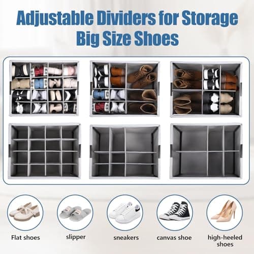 HOUSE AGAIN Shoe Organizer for Closet, 2 Pack Foldable Shoe Storage Organizer Box with Wheels and Adjustable Dividers, Sturdy Metal Frame Fits up to 16-32 Pairs, Large Shoes Storage with Clear Cover - Thumbnail 6