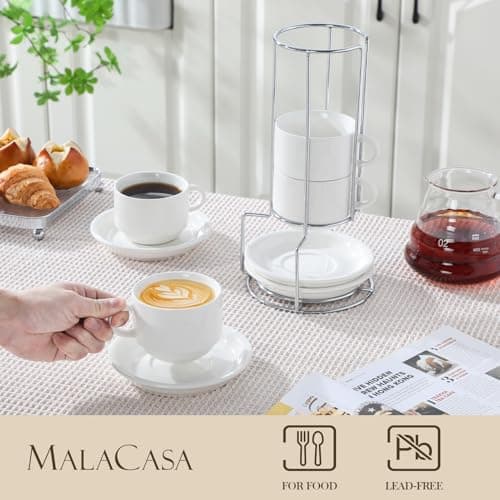 MALACASA 8 OZ Porcelain Espresso Cups with Saucers and Metal Stand Set of 4, Stackable Cappuccino Cups, White Expresso Shots Cup Set for Coffee Drinks, Latte, Tea - Thumbnail 3