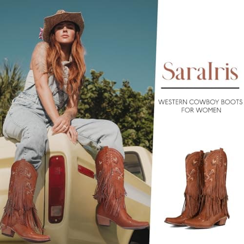SaraIris Women's Cowgirl Boots Knee High Fringe Boots Tassel Western Boots Classic Embroidered Boots Chunky Heel Pointed Toe Pull On Cowboy Boots for Women - Thumbnail 5