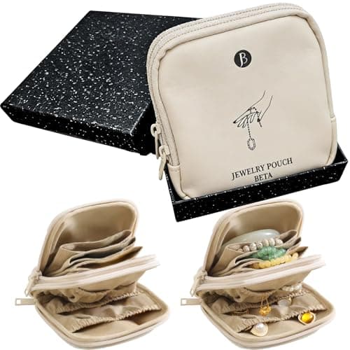 tianzong Small Travel Jewelry Case, Bridesmaid Gifts, Tangle-Free Jewelry Pouch Bag with Gift Box, Waterproof PU Jewelry Organizer for Valuables (Beige, Double Zipper) - Image 1