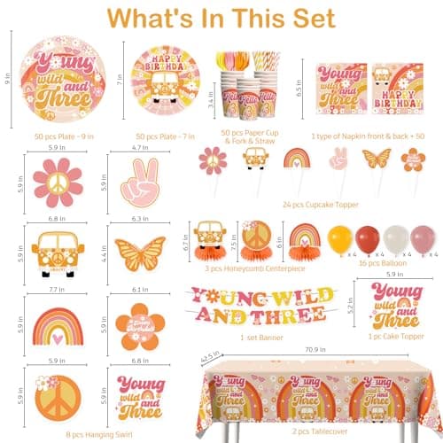 Yingoto 362pcs Young Wild and Three Party Decorations Tableware Set, 25pcs Wild and Three Party Decorations Plate Napkins Tablecloth for 3 Year Old Birthday Decorations Girl, 50 Guests - Thumbnail 2