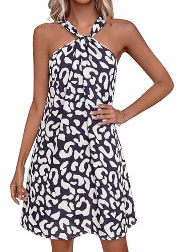 PRETTYGARDEN Womens 2026 Summer Halter Mini Dress Sleeveless Boho Floral Short Sundress Casual Flowy Beach Dresses (Leopard Black,Medium) - Image 1