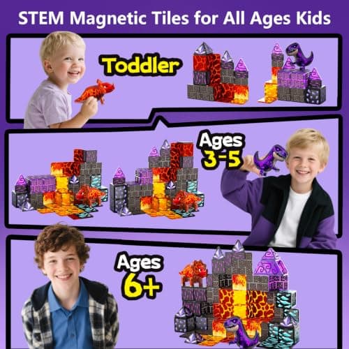 GobiDex Dinosaur Toys Magnetic Tiles Lava Cave Dinosaur World Set - Magnetic Building Blocks for Kids 3-5 5-7 Girls Boys Toys Age 4-6 6-8, STEM Sensory Toddler Birthday Gifts for 3+ Year Old Kids Toy - Thumbnail 4