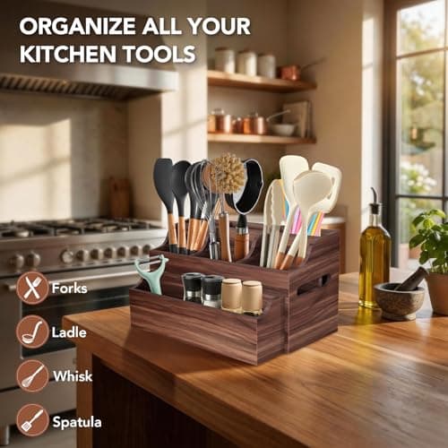 DIOLOVE Wooden Utensil Holder for Countertop with Spoon Rest, Farmhouse Kitchen Utensil Organizer with Compartments, Wall Mount Rustic Cooking Tool Caddy for Spatulas, Spoons, Ladles, Cutlery - Thumbnail 3