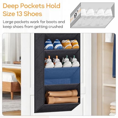 KIMBORA 10 Tier Over the Door Shoe Organizer with Large Pockets, Hanging Shoe Rack for Closet Door Storage, Fits 20 Pairs of Sneakers Boots Hanger Holder, Black - Thumbnail 3