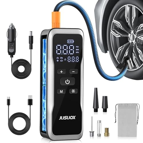 JUSUOX Tire Inflator Portable Air Compressor, Dual Power (Cordless & 12V DC) Air Pump for Car Tires, 150PSI Fast Air Pump for Moto, Bike, Large Capacity Battery, Digital Gauge with Emergency LED Light - Image 1