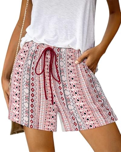 BTFBM Womens Boho Spring Shorts 2026 Beach Vacation Clothes Elastic Waist Casual Printed Loose Short Lounge Pant Pockets(Print Red Brown, Small) - Image 1