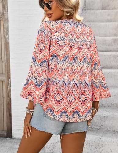 LOOKBOHO Womens Tops 3/4 Sleeve Dressy Casual Floral Blouses Button V-Neck Business Tops Boho Shirts Red&Navy L - Thumbnail 3