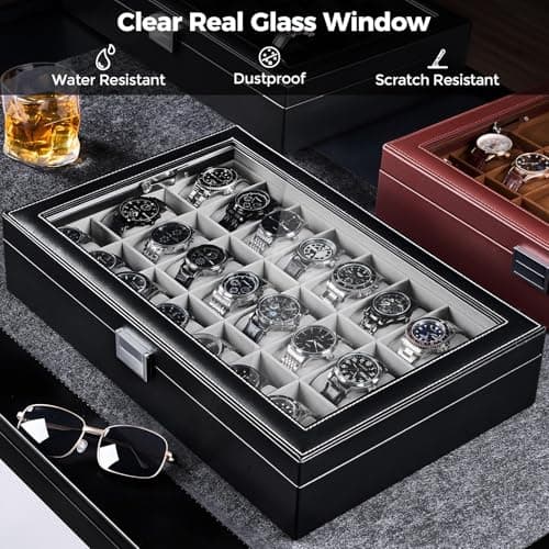 ProCase Watch Box for Men, 24 Slot Display Case with Real Glass Lid and Removable Pillows. Premium Storage Holder Organizer, Gift for Dad & Father's Day & Watch Collectors -Black - Thumbnail 4