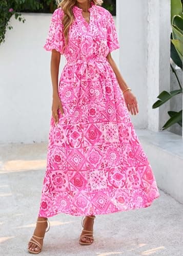 KIRUNDO Women Spring Summer Wedding Guest Boho Floral Maxi Dress Puff Sleeve Button Shirt V Neck Flowy Beach Vacation Dress(Rose Red, Medium) - Thumbnail 5