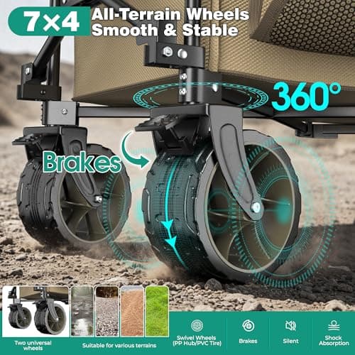 SUNNYFEEL 300L Collapsible Wagon - 550LBS Heavy Duty with Big All-Terrain Wheels Wagon Cart Foldable, Utility Folding Cart for Camping, Grocery, Shopping, Beach, Outdoor Activities, Khaki - Thumbnail 5