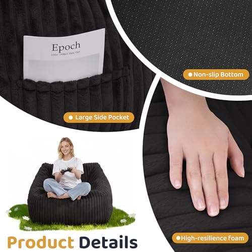 HABUTWAY Bean Bag Chair, Giant Bean Bag Chairs for Adults and Kids, Bean Bag Sofa, Lazy Floor Sofa, Faux Fur Beanbag Chair with Armrests for Living Room Bedroom (Black) - Thumbnail 3