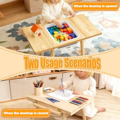 TTSZNB Wooden Activity Table with a Flip-Adjustable Desktop, Indoor/Outdoor Play Sand and Water, Multi-Functional Desk for Drawing Studying Dining - Thumbnail 6