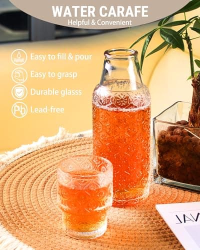 DmmyAlzx Bedside Water Carafe and Glass Set, 20.5oz Glass Pitcher with 6oz Tumbler Lid, Nightstand Water Container & Mouthwash Dispenser for Bedroom & Bathroom, Daisy-Pattern - Thumbnail 3