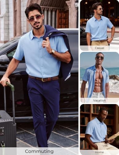 PJ PAUL JONES Untucked Dress Shirts for Men Button Down Short Sleeve Shirt Summer Business Casual Shirt Blue L - Thumbnail 4