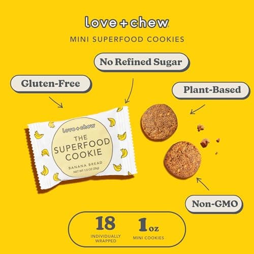 Love + Chew Mini Vegan Cookies, Gluten Free, 3g Plant Based Protein Per Cookie, Healthy Snacks for Adults and Kids, Refined Sugar Free, Individually Wrapped Cookies, Banana Bread, 18 Pack - Thumbnail 3