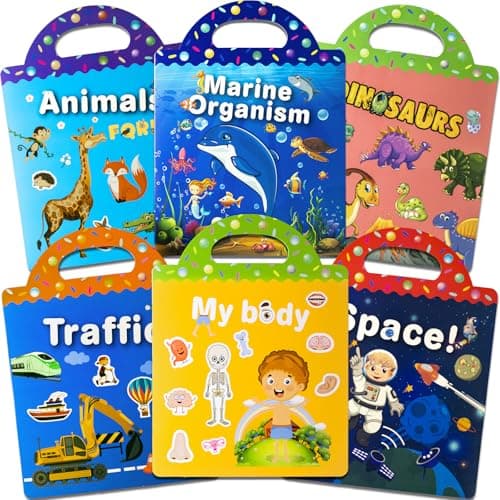 KIDS KING Reusable Sticker Books for Toddlers 1-3, Puffy Stickers Book for Kids Ages 2-4, Toddler Travel Toys for Birthday Christmas - Animal, Marine, Dinosaur, Traffic, Space, Organ (6 Set)