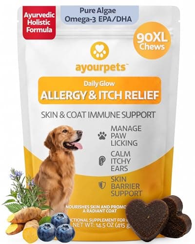 Ayourpets Dog Allergy Chews for Itchy Skin, Hot Spots, Paw Licking & Itchy Ears – Ayurvedic Herbal Omega-3 Anti Itch Support with Turmeric & Shatavari – Fish Flavor – 90 Count - Image 1