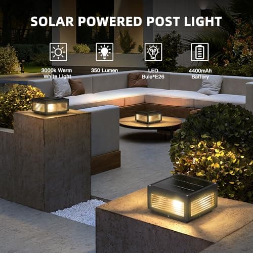 PAKEDANDUN Solar Post Lights, 9.84'' Pillar Lamp Posts IP54 Waterproof Modern Column Lamps Dusk to Dawn 3000K LED Square Lanterns for Patio Porch Fence Garden Driveway Decoration - Thumbnail 3