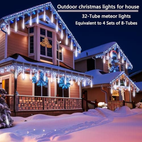 Christmas Decoration Outdoors- 32 Tubes (Equivalent to 4 Sets of 8-Tubes) Meteor Shower Rain Lights, White Falling Rain Lights for Christmas Decor Xmas Tree Halloween Yard Wedding Party, UL Plug - Thumbnail 2