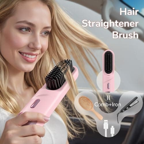 Go Brush Pro for Short Hair 2026 Hair Straightener Brush 300M Negative Ions,Portable Cordless Straightening Comb for Women,Fast Heating 4 Temps for Frizz-Free Smooth Hair Travel Gift Light Pink - Thumbnail 3