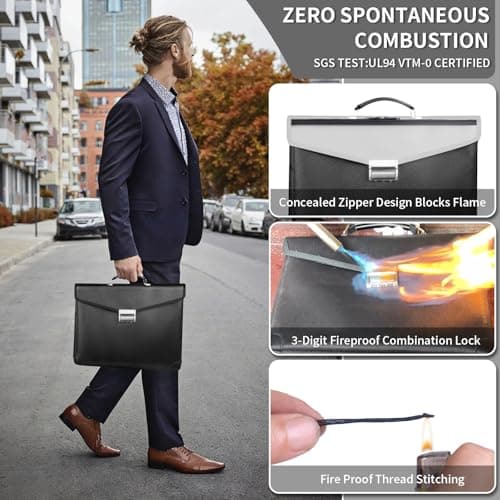 Heat & Water Resistant Fireproof Document Bag w/2 Pockets, Lockable Fire Proof Money Box w/Zipper, 700 Sheet Capacity Safe Storage for Home Office Important Documents Cash & Laptop, Black, Legal Size - Thumbnail 2