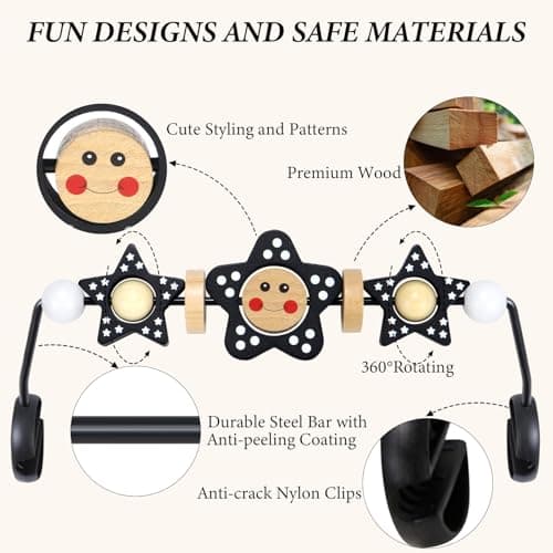 Baby Bjorn Bouncer Toy Bar Wooden Compatible with Baby Bjorn Bouncers, Attach Tight and Secure Fit, Easy to Remove, So Fun to Watch, Touch and Spin for Babies All Ages (Black and White Flower) - Thumbnail 4
