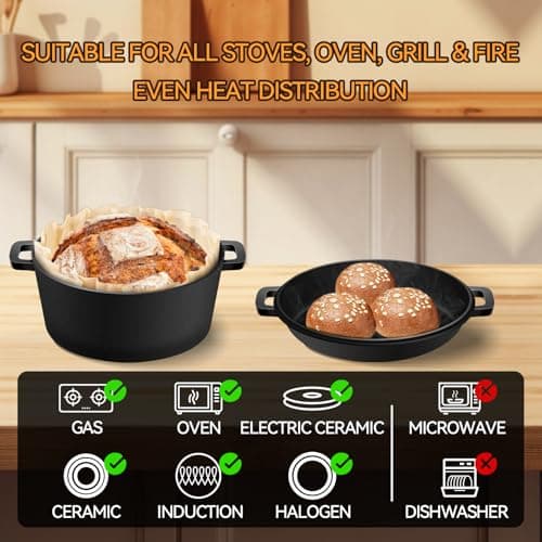 Cast Iron Dutch Oven for Bread Baking, Banneton Bread Proofing Basket Sourdough Bread Baking Supplies, 2-in-1 Dutch Oven Pot with Skillet Lid Cooking Pan Handles Lame, 5QT - Thumbnail 6