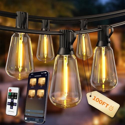 Ecoeve Outdoor String Lights, 100FT Patio Lights for Outside, Smart App & Remote Control with Timer, Dimmable with 4 Scene Modes, Warm White Waterproof LED Bulbs for Garden, Yard and Backyard Decor - Image 1