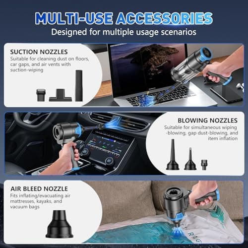KMM Handheld Car Vacuum Cleaner, 16000PA Air Duster & Vacuum Cleaner, 120W High Power Hand Held Vacuum Cordless, Portable Vacuum Rechargeable with Multi-Nozzles & LED Light for Car, Home, Pet, Office - Thumbnail 6