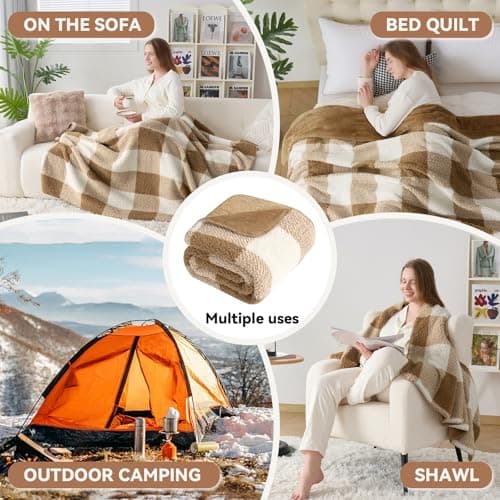 LURKA Checkered Sherpa Fleece Throw Blanket – Soft and Cozy, Medium Weight for All Season, Oversized Plush Throw for Couch, Bed & Pets, Brown, 90x90 Inches - Thumbnail 6