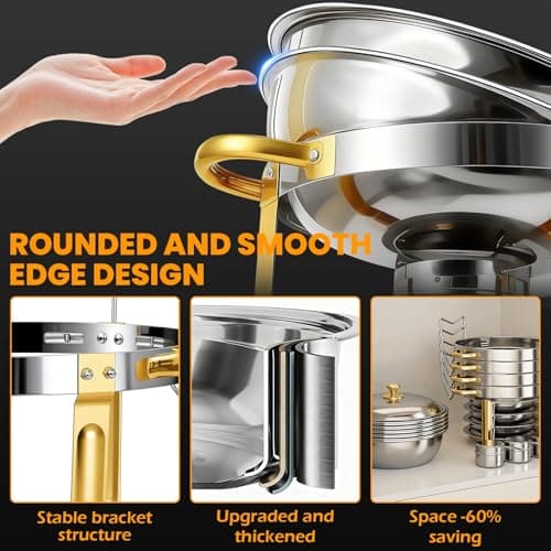 POWERFUEL Chafing Dishes for Buffet 4 Pack, 6QT Round Chafing Dish Buffet Set for Parties, Gold Stainless Steel Buffet Servers and Warmers with 4 Serving Tongs, Food Warmers for Christmas Gatherings - Thumbnail 4