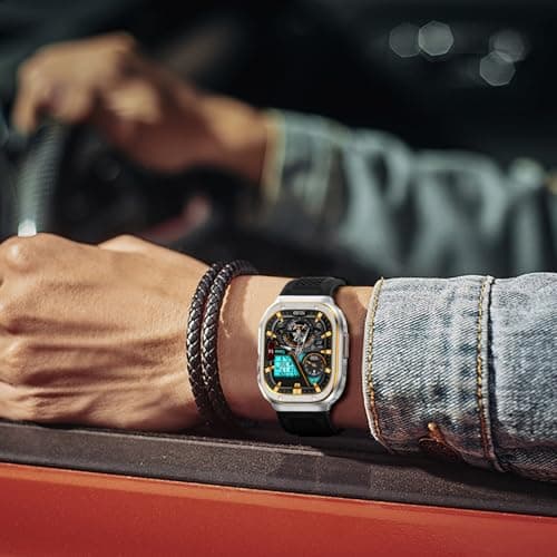 Deczone Band with Stainless Steel Case Compatible with Apple Watch Series Ultra 1 2 3 49mm Band, iwatch Bands Rugged Metal Protective Cover for Men (Silver Gold) - Thumbnail 6