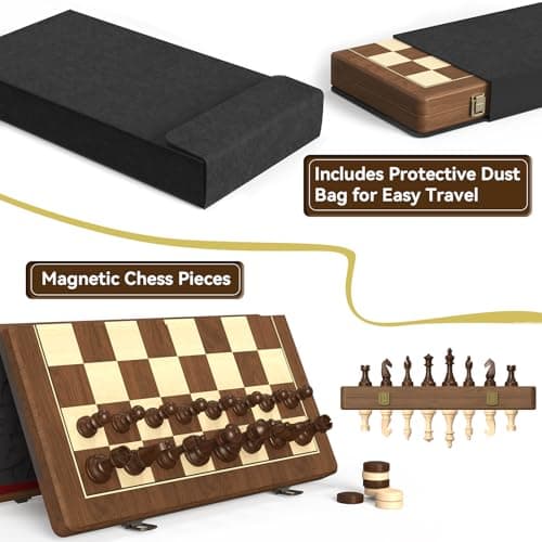 Premium Natural Walnut 15" Magnetic Wooden Folding Chess & Checkers Set- 2 in 1 Board Game with 3" King Staunton Pieces and 2 Extra Queens, Checkers, and Dust-Proof Storage Bag (Black) - Thumbnail 6
