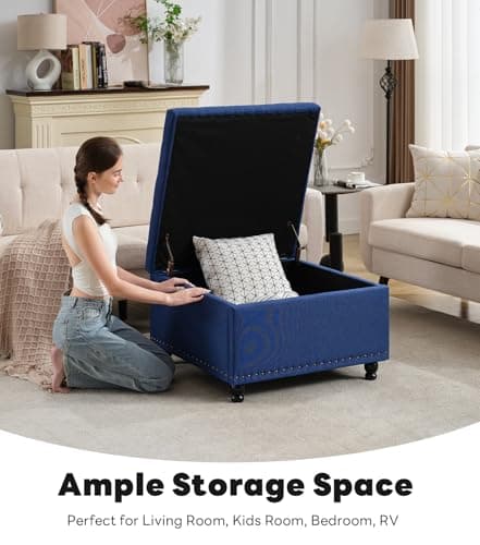 Tbfit Large Square Tufted Upholstered Ottoman and Coffee Table with Storage, Oversized Footrest Bench for Living Room Bedroom, Blue - Thumbnail 3