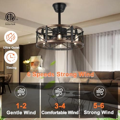 SHLUCE 19" Farmhouse Fandelier Ceiling Fan with Light, Caged Bladeless Ceiling Fans with Lights and Remote, Modern Small Enclosed Ceiling Fans with Lights for Living Room, Bedroom, Black - ETL - Thumbnail 2