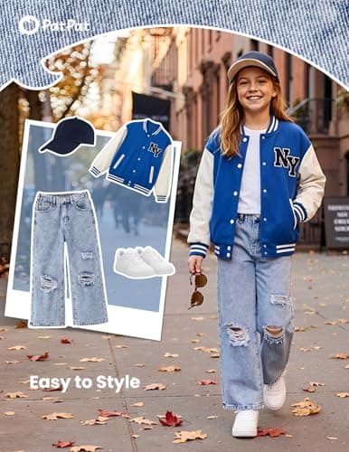 PATPAT Baggy Girls Jeans Wide Leg Denim Pants Ripped High Waist Elastic Y2K Trendy Jeans for Teens with Pockets Light Blue 13-14Y - Thumbnail 6
