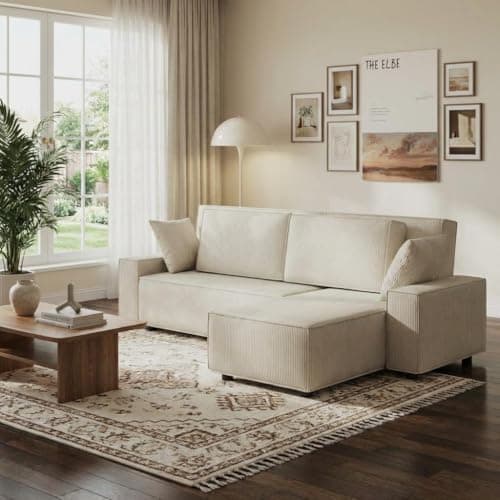 Garvee Fine Corduroy Stripe Large Couch, l Shaped Oversized Sectional Sofa with Deep Seat, Comfy Modular Couch for Living Room, Apartment, 61" d x 96" w x 32" h, Corduroy, Beige - Thumbnail 4