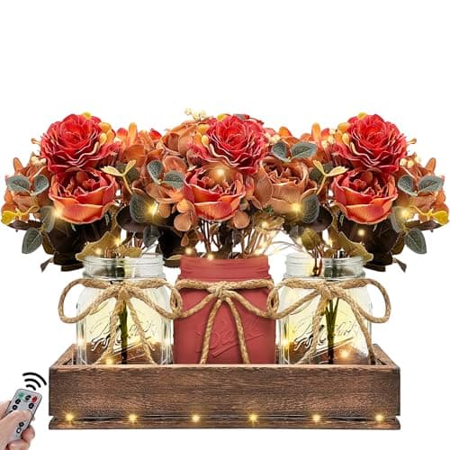 HOMECOR Mason Jar Light Centerpiece Table Decor for Dining Room - Farmhouse Centerpiece Table Decorations with Wood Tray and Remote Control LED Lights for Coffee Table Decor Living Room Wedding - Image 1