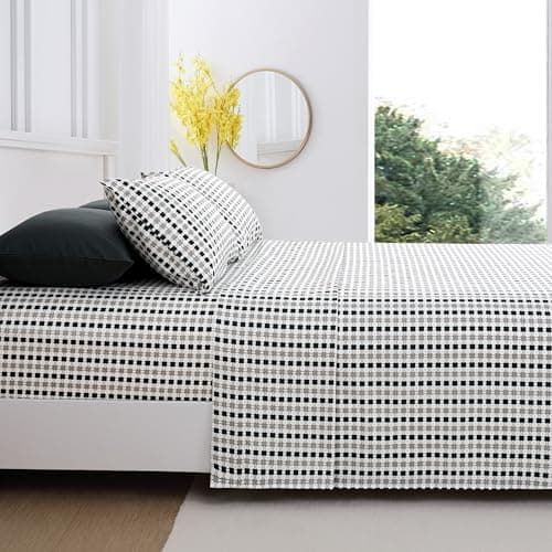 Queen Size Bed Sheets Set Deep Pockets - 6PC Print Ultra Soft Microfiber Bed Sheets - Easy to Clean, 90 Thread Count Sheets Includes 1 Fitted, 1 Flat, 2 Pillowcases (Black/Grey Squares) - Thumbnail 6